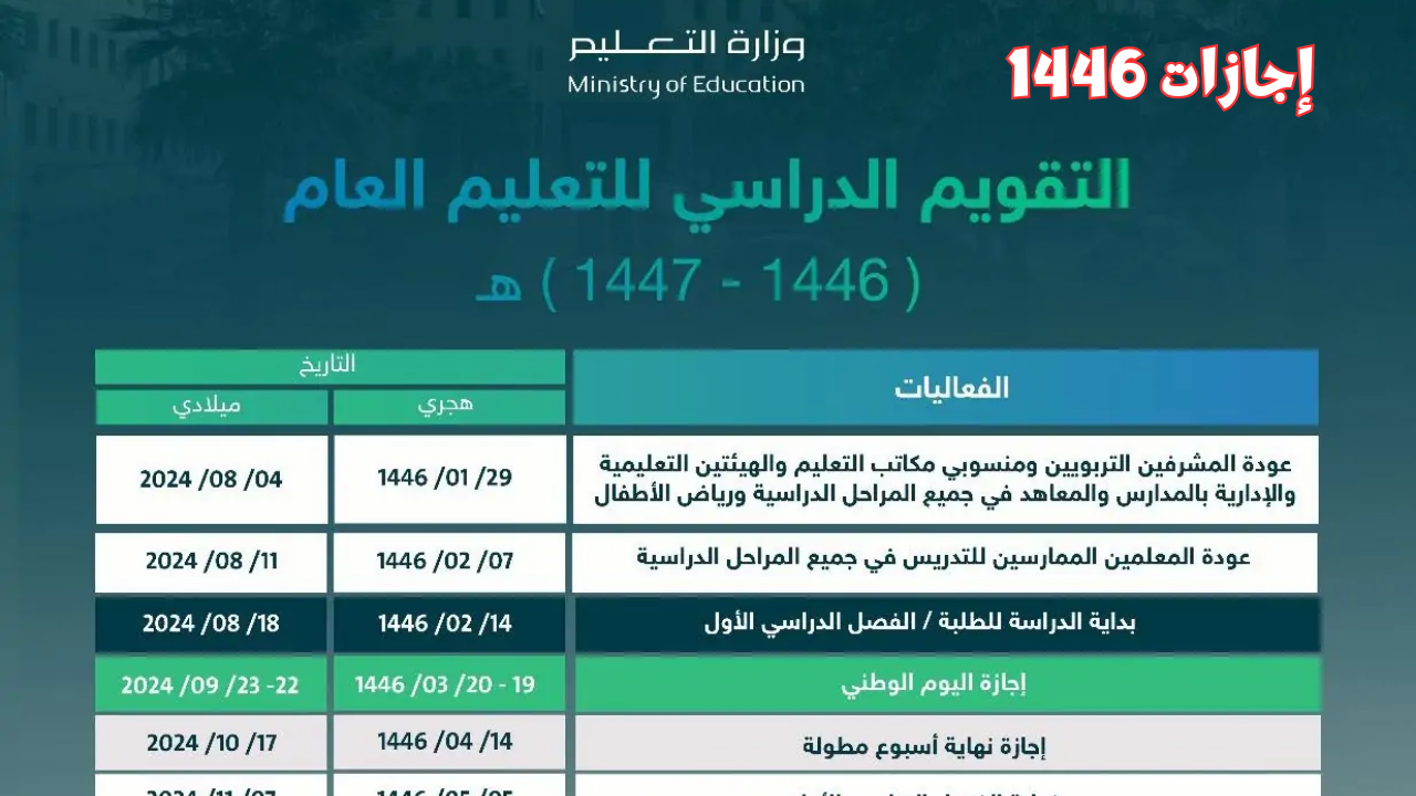 جدول الإجازات الرسمية